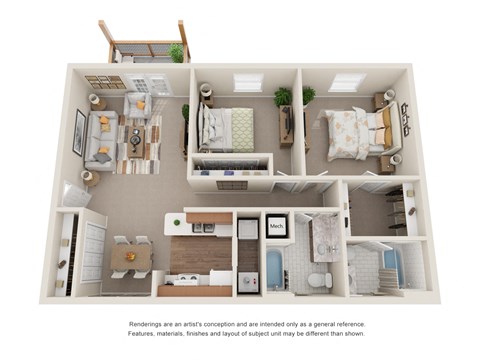 Floor plan for 2 beds, 2 baths, 1047 sqft